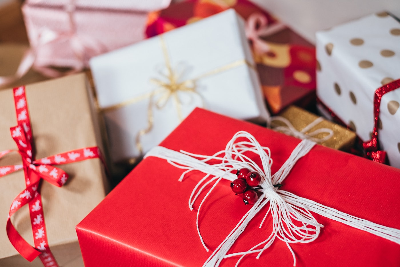 A gift-wrapped chocolate hamper with a ribbon