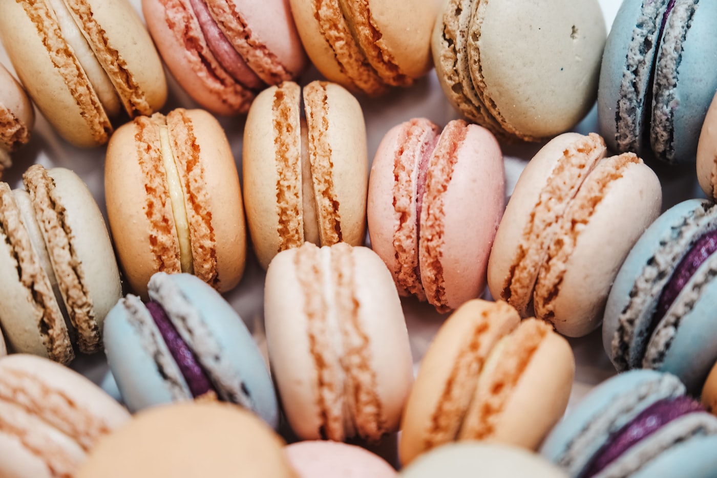 A row of pastel French macarons